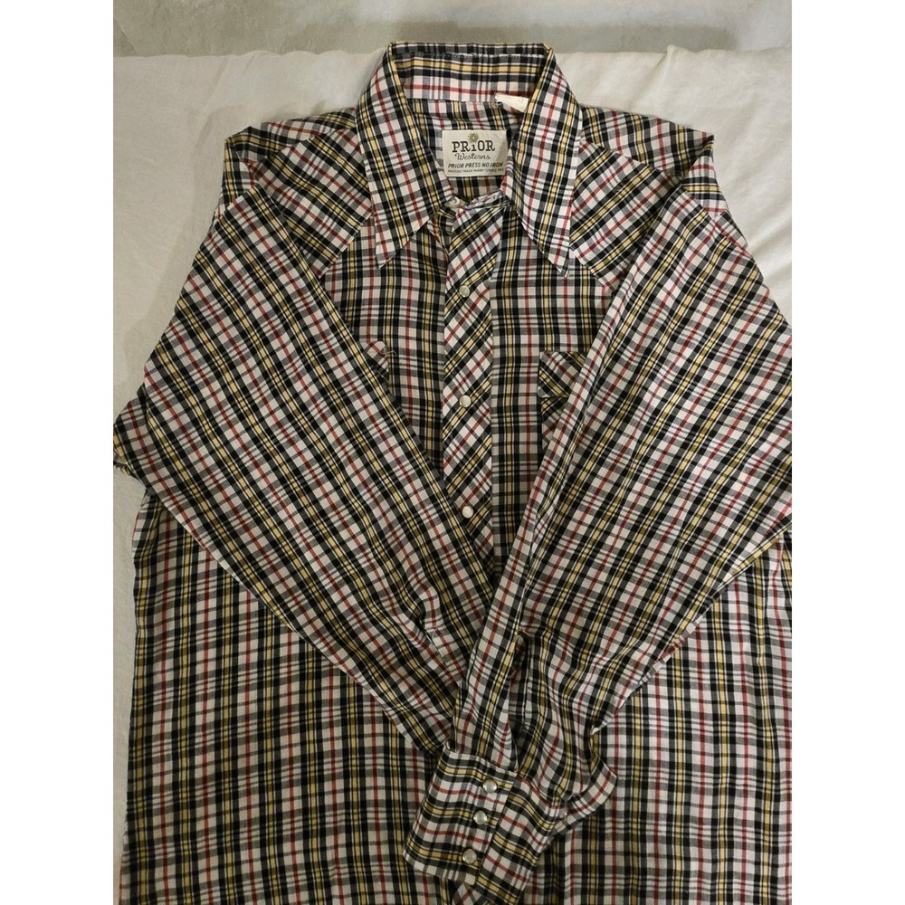 Prior Western Mens Medium Plaid Cowboy Pearl Snap Button Down Shirt Long Sleeve - Picture 3 of 8
